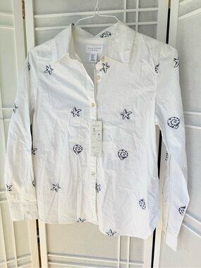 Calypso White Shell & Starfish Embroidered Button-Up Shirt